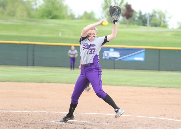 St. Thomas pitcher Kiersten Anderson-Glass cranks a pitch across the plate. Glass only allowed six hits in the Tommies' game one win against Trine University Friday. (Photo courtesy of Trine University). 