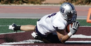 Fritz Wide Receiver Fritz Waldvogel catches a pass against Hamline. Waldvogel will have a tough match-up this week against Bethel cornerback