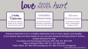 A poster defines appropriate relationships and tells students where they can turn to for help. In correspondence with the new policy, the Dean of Students created four digital posters to spread awareness of sexual misconduct and help prevent it before it happens. (Poster courtesy of the Dean of Students)