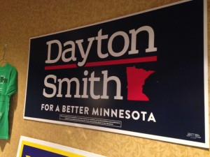 Gov. Mark Dayton's campaign poster hangs at the DFL rally in Minneapolis. Dayton won his second term Tuesday. (Grace Pastoor/TommieMedia)
