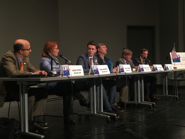 Horan sits with a panel of District 64 candidates. FROM LEFT: Dave Pinto, Erin Murphy, Riley Horan, Emory Dively, Dick Cohen, Ian Baird. (Lauren Andrego/TommieMedia) 