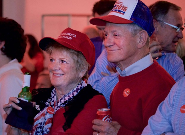 Nancy and Brad Frank smile as Trump gains electoral votes. Nancy is the president of the Northwest Metro Republican Women's Group. (Meghan Vosbeek/TommieMedia) 