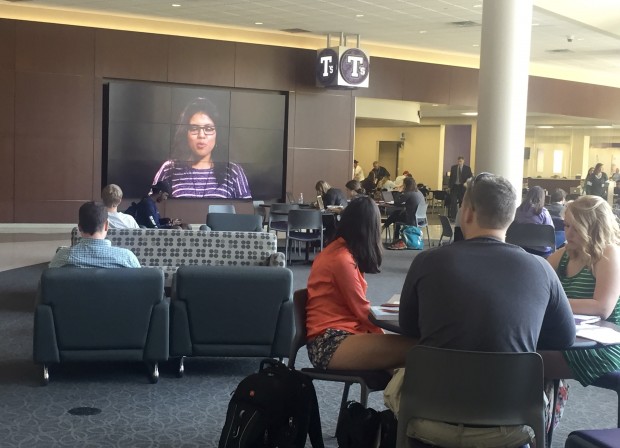 Students watch the Anti-racism Campaign for Tommies video in the Anderson Student Center over convo hour on Tuesday, May 3. ACT! features St. Thomas students speaking out against racism. (Claire Noack/TommieMedia) 