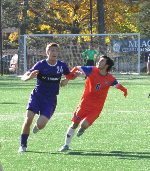 St. Thomas forward Tony Kuplic chases after a ball in the MIAC playoff championship. (Spencer Flaten/TommieMedia file photo) 