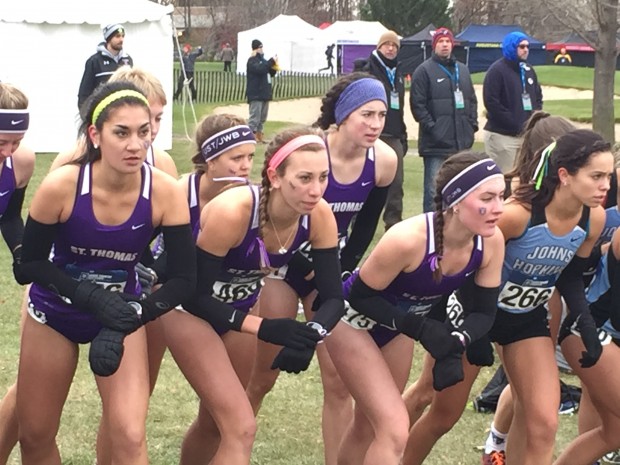 Tommie runners wait for the start of the race. St. Thomas took 26th at the NCAA championships Saturday. (Photo courtesy of Eugene McGivern.)