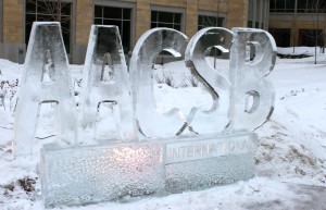 <p>An ice sculpture in front of Schulze Hall in Minneapolis announces the new AACSB accreditation. (Theresa Malloy/TommieMedia)</p>