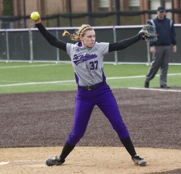 Pitcher Kierstin Anderson-Glass delivers a pitch in the first game of a doubleheader against Macalester Wednesday afternoon.  Anderson-Glass struck out five hitters and conceded one hit in the Tommie's 2-0 game-one victory. (Jesse Krull/TommieMedia)  
