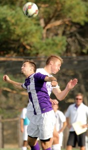 Midfielder Connor Young battles a Duhawk player for possession of the ball. St. Thomas beat the Loras College 2-1 Monday. (Eric Bromback/TommieMedia) 