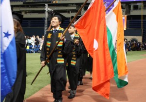 International students have the opportunity of representing their home country by carrying in their country's flags. 