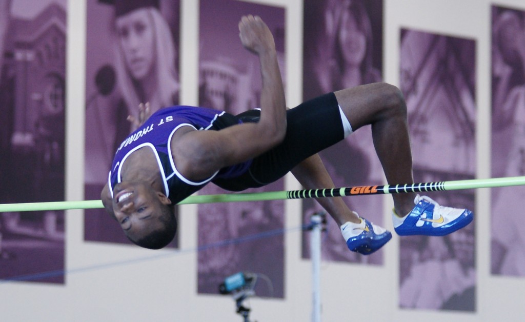 John Kruger photo <p>Junior All-American Eyo Ekpo has posted career-best marks in the high jump this season. His performance at the MIAC outdoor championship earned him most outstanding performance honors. (John Kruger/TommieMedia)</p>