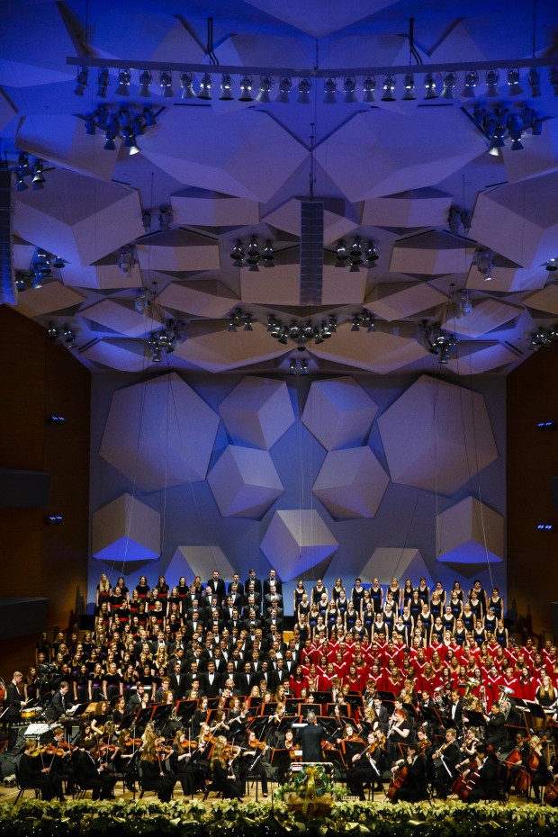 Nine musical ensembles take the stage at Orchestra Hall for the annual St. Thomas Christmas concert. The TPT coverage of the 2015 "A St. Thomas Christmas: A Jubilant Light" has been nominated for an Upper Midwest Emmy. (Mike Ekern/Director of Photography) 