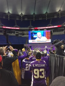 Viking fans gather to watch the first round of the NFL Draft Thursday. According to Idowu and James, the Vikings have showed interest in the two Tommie prospects. (Photo courtesy of Tim Pelcak)