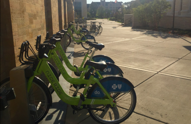 Nice Ride bikes stand near O’Shaughnessy Stadium. A grant that allowed students to purchase discounted Nice Ride passes has ended. (Claire Noack/TommieMedia)