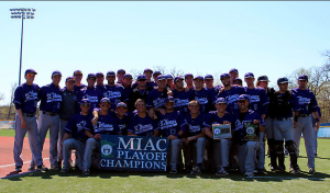 The St. Thomas baseball team celebrates after winning the MIAC tournament on Sunday. The Tommies are the top-seed in the Midwest regional tournament in Whitewater, Wis. and begin NCAA tournament play Wednesday at noon. (Rosie Murphy/TommieMedia)