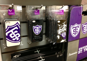 The St. Thomas bookstore displays a variety of Widget Wah iPhone cases. Widget Wah now has several other clients, some at the national level. (Kayla Bengtson/TommieMedia)