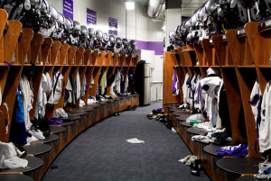 A St. Thomas locker room sits empty in the Anderson Athletic and Recreation Center after the football team's playoff hopes were wrecked. The Tommies finished their season 8-2 overall. (Andrew Stafford/TommieMedia)