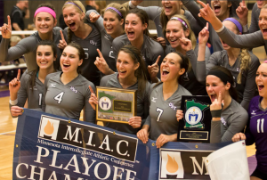 The women's volleyball team celebrates its MIAC playoff championship victory. The Tommies went 30-3 on the season, losing to Wisconsin-Stevens Point in the NCAA regional championship. (Morgan Neu/TommieMedia)