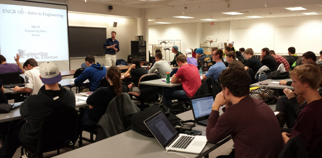 Thomas Shepard gives a lecture to his freshman Introduction to Engineering class. While the School of Engineering recently won an award for its' work with younger women in the field, Shepard says his typical class ratio is 80-20 males. (Joey Anderson/TommieMedia)