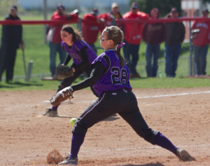 Starting pitcher Kendra Bowe hurls a pitch in the bottom of the third inning in a game against Central last season. Bowe is 42-7 in her career with a 1.40 ERA. (Andrew Stafford/TommieMedia) 