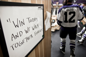 "Win today and we walk together forever" is written on the wall in the locker room. St. Thomas will face UW-Stevens Point on Saturday, March 15.  