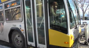 A Metro Transit bus waits at a stop on Summit Avenue near campus. The monthly average of thefts in the Metro Transit System is down from 25 per month in 2013 to 20 per month so far in 2014. (Briggs LeSavage/TommieMedia) 