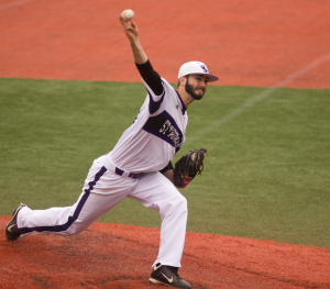 Pitcher Colin Wendinger throws a pitch in the MIAC tournament. St. Thomas defeated Rose-Hulman 9-3 Sunday to advance to the Division-III College World Series. (Morgan Neu/TommieMedia) 