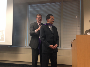 U.S. District Judge William Haynes is presented with an honorary doctorate by Dean of the College of Education, Leadership and Counseling Mark Salisbury. Haynes spoke at St. Thomas' 17th annual Judge Julian Parker Lecture Series. (Grace Pastoor/TommieMedia) 