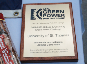 St. Thomas was presented with the 2012-2013 Green Power award last April. This is the third consecutive year St. Thomas has received the award. (Whitney Abrahamson/TommieMedia)