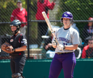 Catcher Emily Gregory looks to third base before stepping into the batter’s box in the NCAA regional championship game. Gregory’s 2-for-2 performance led the Tommies offensively against Montclair State in an elimination game at Suddenlink Field. (Jacob Sevening/TommieMedia) 