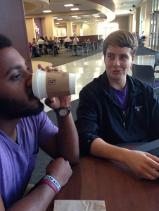 Junior Zachary Hurdle (left) enjoys a cup of coffee from Summit Marketplace while studying with senior Dan Lewis in the Anderson Student Center. Summit Marketplace stopped offering espresso drinks this semester. (Lauren Smith/TommieMedia) 