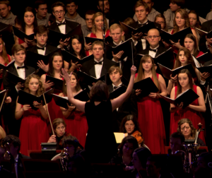 St. Thomas choirs and instrumental ensembles prepare for the 25th annual Christmas concert in the Minneapolis Convention Center in 2012. The music department received an Emmy nomination for its 2013 Christmas concert this month. (Stephanie Dodd/TommieMedia)