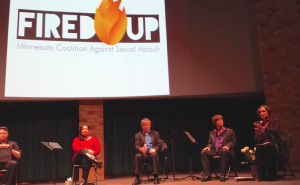 Playwright Cordelia Anderson (right) and cast members hold a panel after the performance to answer questions from the audience. Stacey Chambers, Michael Frear, Guadalupe Lopez, Tim Hammond and Chris Stark elaborated on their personal stories and told the audience how they can help end child sexual abuse. (Jamie Bernard/TommieMedia)