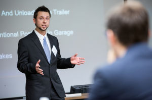 Jeremy Little presenting at the Fowler Business Concept Challenge. Little was one of 12 St. Thomas students who were awarded scholarship money. (Photo courtesy of Cory Ryan)