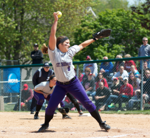 Pitcher Breezy Bannon winds up a pitch during last year's NCAA Super Regional in Naperville, Illinois. Bannon won two games for the Tommies last season and is expected to be a key part of the rotation again this season. (Jacob Sevening/TommieMedia)