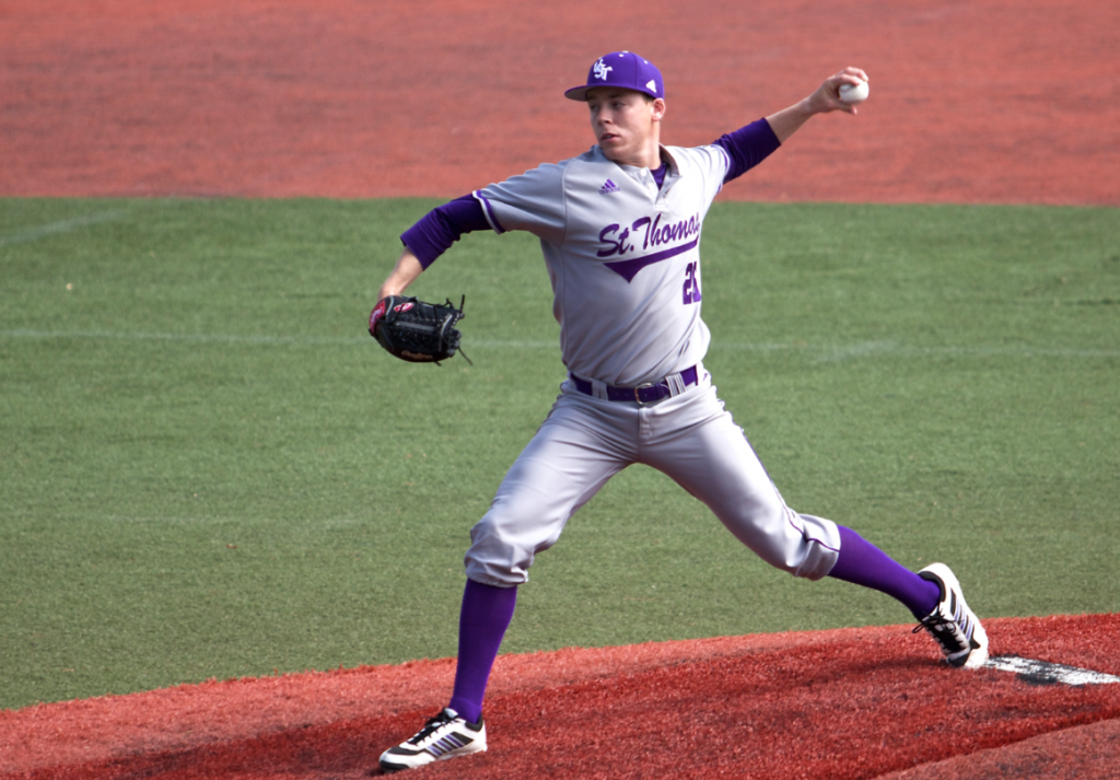 1.Tommie pitcher Eric Veglahn strides toward the plate to deliver a pitch. The southpaw was fourth in the MIAC with 61 strikeouts this season. (Andrew Brinkmann/TommieMedia)