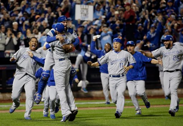 The Kansas City Royals celebrate after Game 5 of the Major League Baseball World Series against the New York Mets Monday, Nov. 2, 2015, in New York. The Royals won 7-2 to win the series. (AP Photo/David J. Phillip)