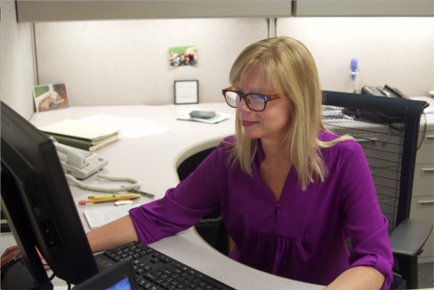  Betsy Lofgren, an academic counselor, works in her new office in the Murray-Herrick Campus Center. She formerly worked as a business academic counselor in McNeely Hall. (Danielle Wong/TommieMedia). 