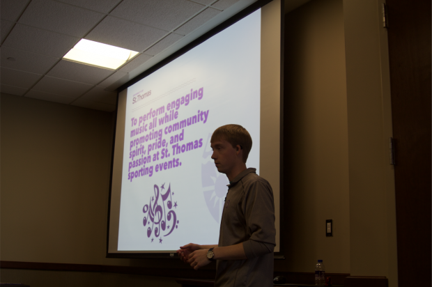 Freshman Dylan Barrett took charge of bringing a pep band back to St. Thomas sports. The band hopes to continue gaining members and expanding their presence in the community. (Danielle Wong/TommieMedia) 