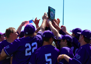 <p>The St. Thomas baseball team proudly lifts its MIAC championship plaque into the air after defeating the Concordia Cobbers 11-2 Sunday. The Tommies will advance to the first round of the NCAA tournament after its first MIAC championship win since 2010. (Rosie Murphy/TommieMedia) </p> 
