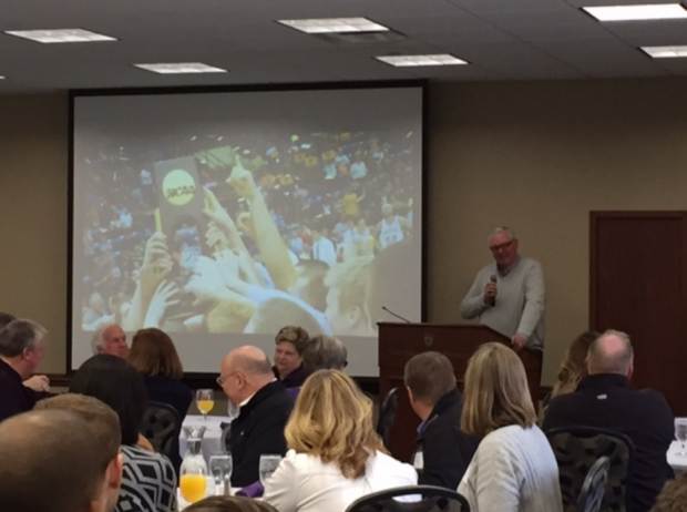 Former St. Thomas basketball coach and current athletic director Steve Fritz addresses the 2011 NCAA Division III national champion Tommies and their families Saturday at McNeely Hall. The 2010-2011 Tommies finished the season with a 30-3 record. (Taylor Smith/TommieMedia)