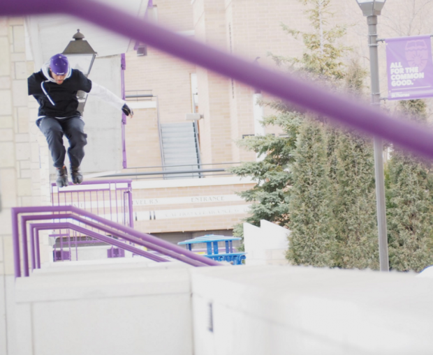 Sophomore Xavier Walk shows off his parkour skills on the veranda by the football field. St. Thomas students know Walk as "Parkour Guy." (Adam Kraft/TommieMedia)