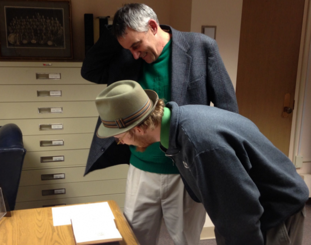 Jim Rogers and Blake Johnson admire the “Alice in Wonderland” novel Gaelic translation in the Special Collections Department in the O’Shaughnessy-Frey Library. The Celtic Collection was displayed during the St. Patrick’s Day open house March 17 during convo hour.