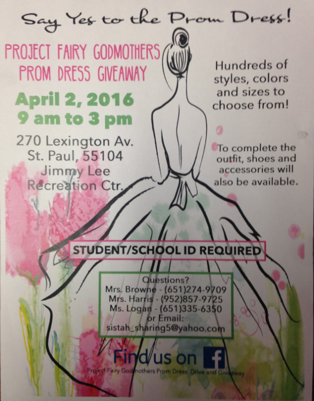This poster advertises the dress giveaway event, which will be held April 2 at the Jimmy Lee Recreation Center in St. Paul. The St. Paul S.I.S.T.A.H.s and St. Croix Cleaners host the annual Project Fairy Godmothers Prom Dress Giveaway. (Carolyn Meyer/TommieMedia)
