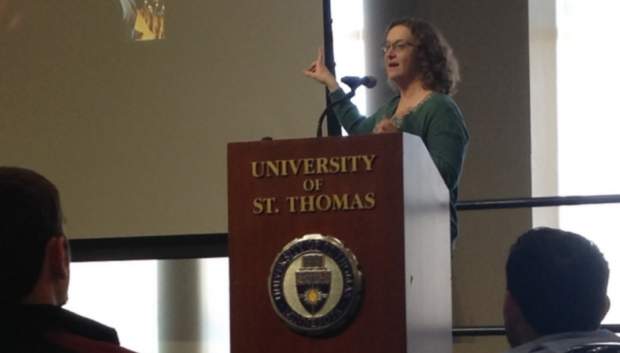 St. Thomas alumna Cara Finnegan presents her research at the Undergraduate Communications Research Conference. St. Thomas commemorated the 25th UCRC April 22. (Carolyn Meyer/TommieMedia) 