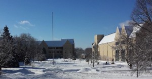 St. Thomas' Lower Quad sits covered in snow after around 10 inches fell Thursday night. University officials made the decision to not cancel classes Friday. (Jamie Bernard/TommieMedia)