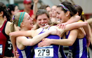 Members of the St. Thomas women’s distance medley relay team celebrate their victory. The Tommies took first in the event at the NCAA Indoor Championships (Photo courtesy of Terry Goeman). 