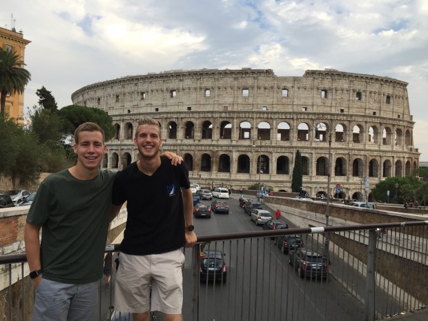Juniors Peter Carey and Jacob Grow pose in front of the Colosseum in Rome. They are studying on the first Rome CORE Semester. (Peter Carey/Submitted Photo) 