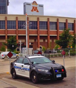 Minneapolis Metro Police prepare for duty outside TCF Bank Stadium at the University of Minnesota's West Bank campus. Communications Director of University Services Tim Busse said university officials increased safety discussions dramatically on campus this fall. (Travis Swan/TommieMedia)