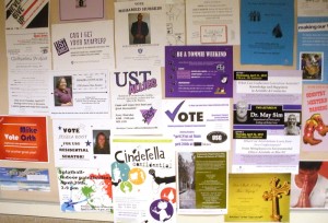 <p>USG candidates post flyers around campus, motivating people to vote. (Brian Matthews/TommieMedia) </p>