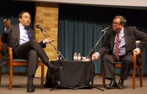 David Frum (left) and Tom Crann (right) go into depth on the changes needed in the Republican Party. Frum's discussion in the OEC auditorium attracted both students and alumni to the event Tuesday. (Alex Goering/TommieMedia)